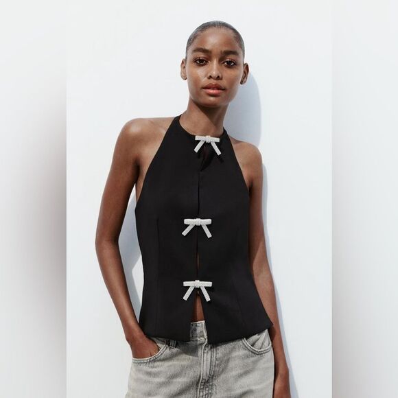 ZARA JEWEL BOW HALTER TOP - Picture 6 of 13